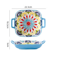 波西米亚家用烤盘手柄碗餐具套装高颜值饭碗双耳汤碗盘子太阳花9英寸双耳正方盘1036