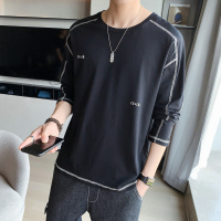 长袖t恤男春秋简约字母印花个性走线上衣青少年潮流男士套头衫