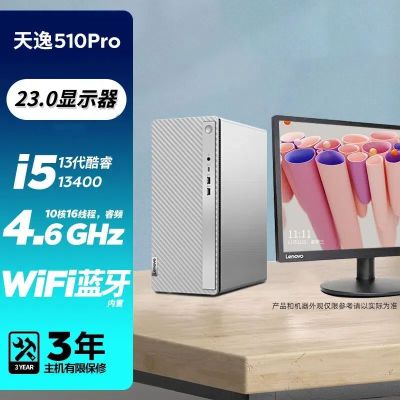 联想(Lenovo)天逸510Pro 13代酷睿 商务办公台式机台式电脑电脑主机(i5-13400/16G/1T+512G/集显/WIFI/23英寸) 定制 家用企业台式机