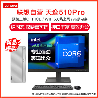 联想(Lenovo)天逸510Pro 12代酷睿2022款商务办公台式机台式电脑电脑主机(i5-12400/8G/1T+512G/集显/WIFI/21.45) 定制 家用企业台式机