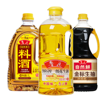 鲁花5S压榨一级花生油1L+鲁花特级金标生抽酱油1L+鲁花料酒1L 炒菜组合装健康粮油