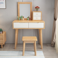 沃盛 现代简约精致 实木梳妆台卧室化妆桌原木色+白抽屉(带灯+凳子)80CM双抽