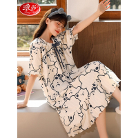 浪莎睡裙女士夏季睡衣薄款少女公主风纯色棉质时尚蝴蝶结款花边家居服 橘色小熊款 XL 小熊满满-XL