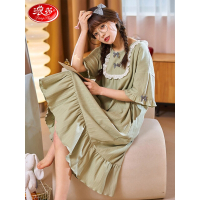 浪莎睡裙女士夏季睡衣薄款少女公主风纯色棉质时尚蝴蝶结款花边家居服 橘色小熊款 XL 抹茶奶绿-XL