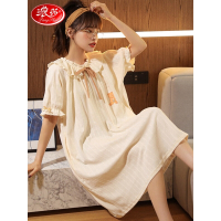 浪莎睡裙女士夏季睡衣薄款少女公主风纯色棉质时尚蝴蝶结款花边家居服 橘色小熊款 XL 橘色小熊款-XL