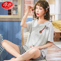 浪莎睡衣女夏季薄款家居服套装可爱休闲简约短袖舒适宽松女士2件套 小鹿款 M XXL