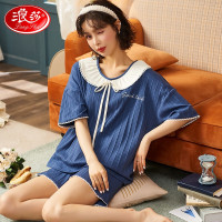 浪莎睡衣女夏季女士家居服纯棉可外穿套装公主风少女甜美可爱两件套装 藏青色 M(建议80 藏青色-M(建议80-100斤)