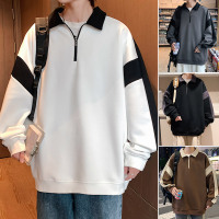 翻领卫衣男春秋季潮牌ins港风早秋装简约百搭宽松半拉链polo衫