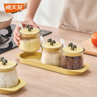 禧天龙玻璃调料罐套装厨房调味盒家用组合调料瓶 生机小萌芽-两个装-带勺带底托