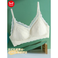 猫人文胸女无钢圈法式少女蕾丝性感三角杯夏季薄款胸罩 奶白色 32ABC=70ABC