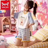 猫人睡衣女夏季棉短袖短裤可爱日系花边夏天两件套装薄款外穿大码学生家居服 小熊套装 M/160(建议80-100斤)