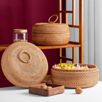 SUXINGAUTO 果篮 干果盒水果篮 水果盘糖果盒零食盒子复古田园客厅桌面简约茶藤篮(直径28*高16cm)