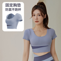 班蒂纳瑜伽服女拼接撞色上衣带胸垫运动短袖速干健身裸感露脐T恤JYMD013