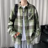 港风格子衬衫男士夏季薄款宽松休闲外套男潮牌学生长袖衬衣春秋款