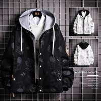 外套男假两件春秋季潮牌宽松大码连帽夹克港风潮流休闲百搭上衣男