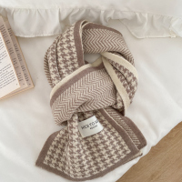 千鸟格围巾女冬季2022新款韩系百搭学生情侣针织保暖围脖 驼米色WS