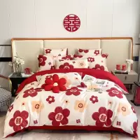 简约风婚庆时尚水洗棉磨毛四件套床笠款床上用品结婚喜庆印花被套