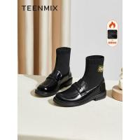 天美意(Teenmix)袜靴中筒靴短靴冬通勤飞织弹力靴女靴CXF61DZ2加绒预售