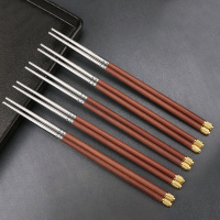 拾画 红檀木筷子 304不锈钢防滑筷头 家用原木无漆无蜡高档筷5双装SH-6748
