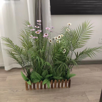 霜叶仿真散尾葵植物盆栽 50CM 原木栅栏+(白+紫)太阳菊花束+散尾葵