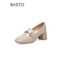 百思图(BASTO)百思图2023春商场新款舒适羊皮高跟乐福鞋皮鞋粗跟女单鞋KA103AA3