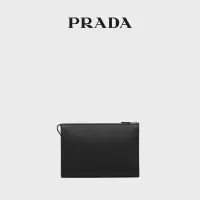 PRADA/普拉达男士徽标装饰 Saffiano 皮革手拿包 黑色