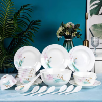 唐惠 碗碟套装骨瓷22头餐具套装碗盘碟套具组合式碗盘釉上彩粉黛骨瓷