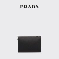 PRADA/普拉达男士徽标装饰 Saffiano 皮革手拿包 黑色