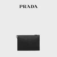 PRADA/普拉达男士徽标装饰 Saffiano 皮革手拿包 黑色