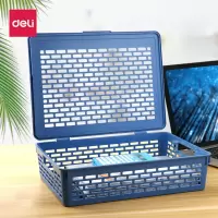 得力(deli)文件篮公文篮 923 A4文件栏收纳财务办公塑料框文件筐带盖子公文篮蓝色