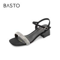 百思图夏季商场同款时尚水钻方头粗跟一字带女凉鞋A1899BL2 黑色 36