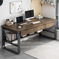 台式办公书桌学生学习桌写字桌现代简约带书架桌子[三抽]拉丝黑橡木色160X60