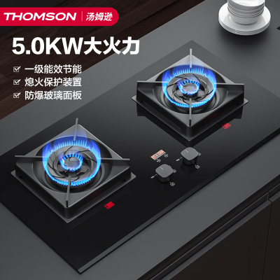 THOMSON法国汤姆逊家用台式嵌入式燃气灶具 5.0kW液化气大火力双眼定时灶 一级能效 移动开孔 AZL1玻璃款
