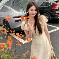 秀熙熙2023夏季新款遮肉显瘦气质刺绣高腰方领短袖连衣裙子女(3-15天发货)