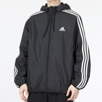 阿迪达斯(adidas)男装外套 2023春夏新款运动服跑步训练上衣快干透气休闲连帽夹克 IB0378/黑色/经典三条纹