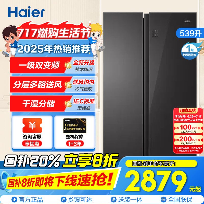 海尔(Haier)539升对开门嵌入冰箱 彩晶一级变频 阻氧干湿分储 DEO净味家用 BCD-539WGHSSE5SL