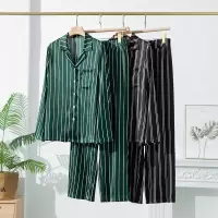 春夏新品桑蚕丝真丝睡衣女上衣长裤家居服套装丝绸翻领条纹