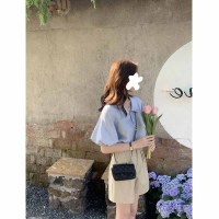 蓝雾岛屿~法式氛围高级感娃娃领衬衣女灯笼袖衬衫短袖夏季