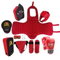 散打护具套装 武术训练运动用品拳击护具全套 十件套 红色 S号