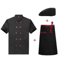 易美丽诺 LCF0702 夏季厨师服套装 饭店厨房食堂短袖工作服 黑色红边短袖+围裙+帽子 XL