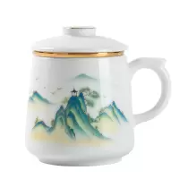 千里江山羊脂玉金镶玉茶杯礼盒