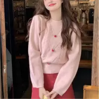 甜美少女立体手工莓针织衫秋冬2023新款软糯糯宽松圆领毛衣上衣女