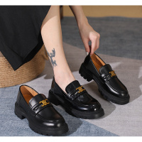 真皮乐福鞋女2023新款英伦一脚蹬厚底jk凯旋门小皮鞋百搭浅口单鞋