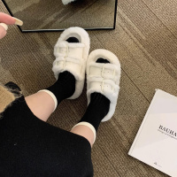 厚底白色毛毛拖鞋女秋冬外穿松糕鞋新款2023小香风加绒棉拖鞋