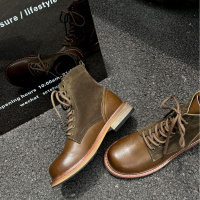 美式复古英伦风马丁靴女2023年秋季新款真皮木跟户外机车厚底短靴