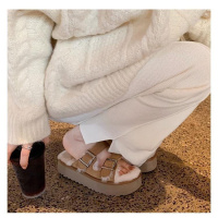 初雪缪斯~2023秋冬新款保暖加厚棉拖鞋女双扣带厚底网红毛毛拖鞋