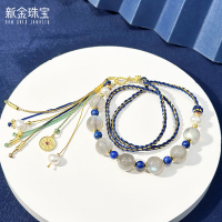 新金珠宝 S925小圆牌银珠手链 蓝月拉长石手串流苏民族风银饰1042
