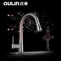 欧琳龙头厨房抽拉龙头精铜镀铬冷热水水槽小蛮腰龙头可旋转可花洒出水L102 含进水管 70mm底座直径