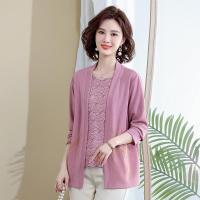 妈妈秋装上衣洋气减龄2023新款中老年人女薄款长袖印花针织小衫