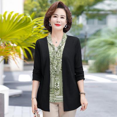 中年妈妈秋装洋气长袖假两件针织上衣40岁中年女春秋薄款系带小衫
